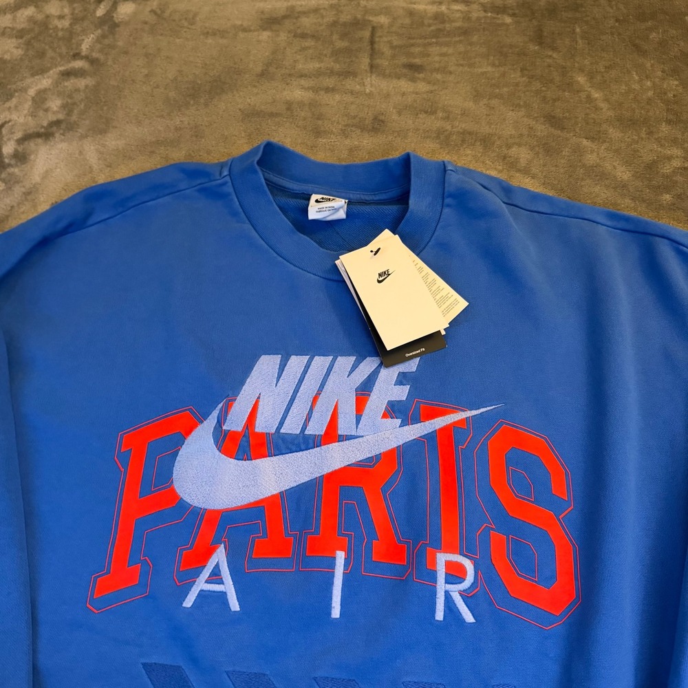 Nike Paris Air Crewneck Sweatshirt Blue Oversized Fit Pullover Mens Large NWT